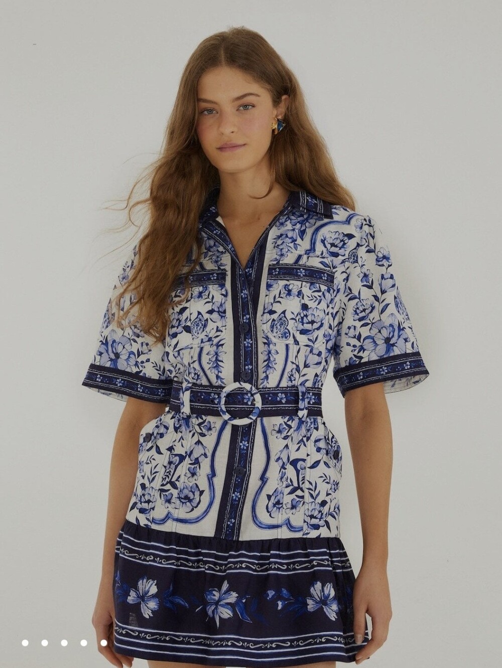 Women's FARM Rio White & Blue Floral Short-Sleeve Button-Down Shirt Dress - Picture 7 of 13